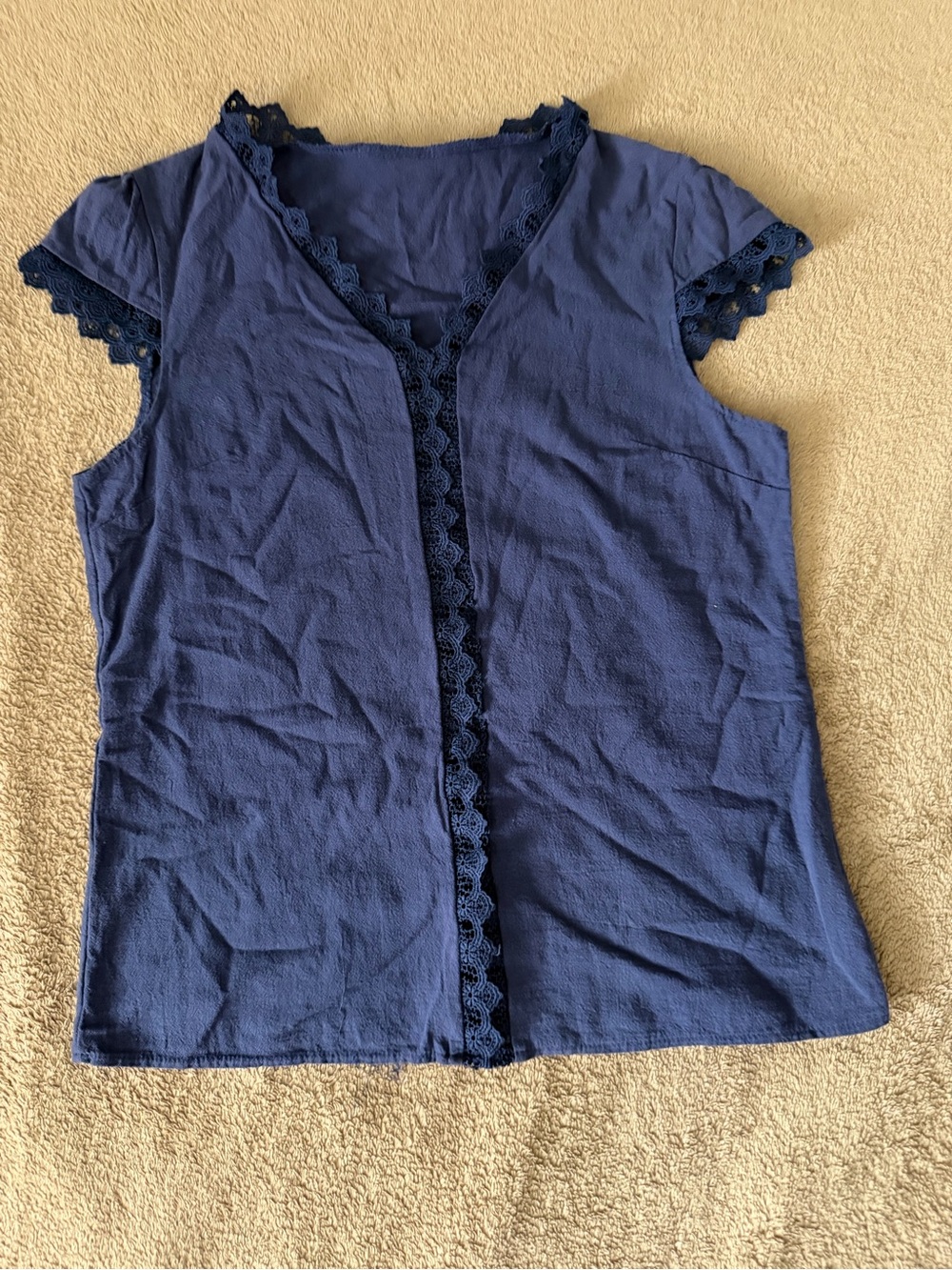 Navy Crochet-Trim Cap Sleeve Blouse